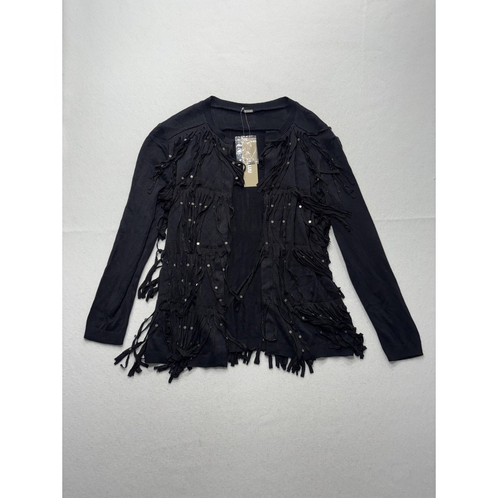 Chan Luu Cardigan Womens XS Black Fringe Sequin Knit Open Front Boho Long Sleeve